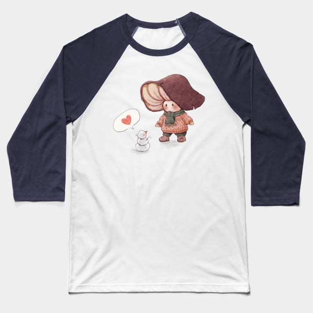 Mushroom Winter Walk Baseball T-Shirt by fairydropart